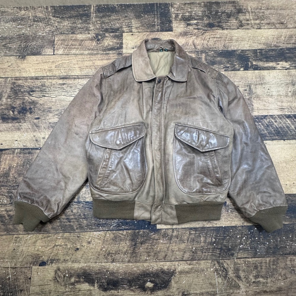 Hunt Club Men's Brown‎ Genuine Leather Bomber Flight Jacket 44R Aviation Large